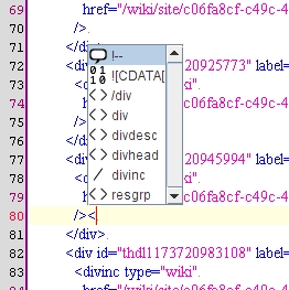 An example of JEdit providing a list of possible insertions in an XML file